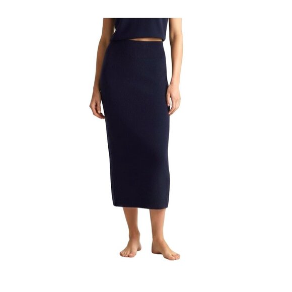 NWT Quince Mongolian Cashmere Fitted Midi in Navy Blue Knit Sweater Skirt L - Picture 1 of 7